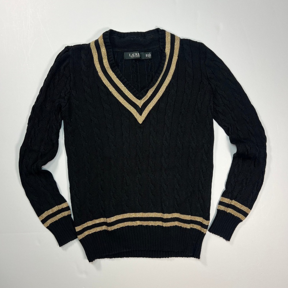 Lauren Ralph Lauren Cricket Sweater XS Black Gold Metallic Cable Knit Preppy